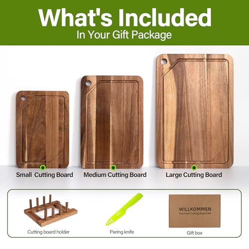 WILLKOMMEN Acacia Wood Cutting Board for Kitchen, 3-Piece Chopping Boards Set with Stand, Juice Groove, Handles & Hanging Holes, Butcher Block for Meat, Vegetables (Small, Medium, Large) - color: Acacia Wood Set of 3 with Hole