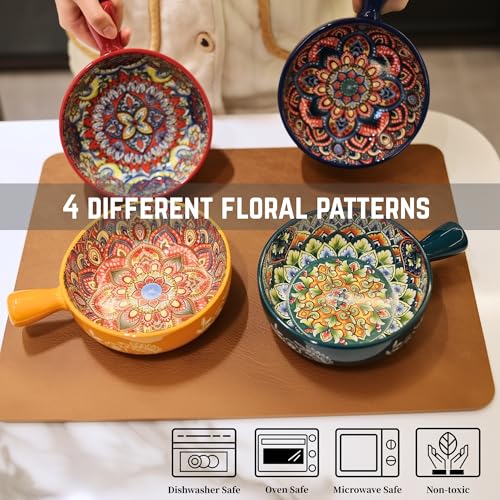 Bohemian Soup Bowls with Handles, 22 Oz French Onion Soup Crocks | Ceramic Soup Bowls for Cereal, Pasta, Chili, Chowder & Stew, Microwave, Dishwasher & Oven Safe, Bowls Set of 4