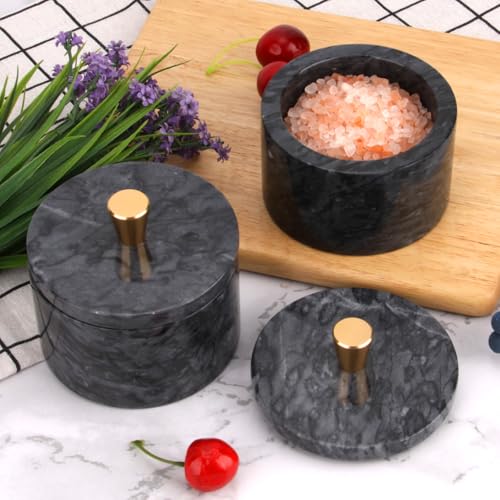 Marble Salt Cellar with Lid, Dark Grey, 4 inch | Natural Stone, Salt Pepper Box, Gold Alloy Handle, Kitchen Countertop Storage, Multi-Use, Sugar Spice Seasoning Container - color: Dark Gray