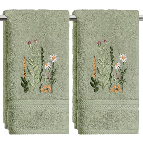 Artoid Mode 2 Pcs Sage Green Wildflower Floral Embroidered Hand Towels for Bathroom, Cotton Soft Absorbent Farmhouse Decor Towels, 13.7 x 29.5 Inch - color: Sage Green, size: 13.7" x 29.5", 2PCS