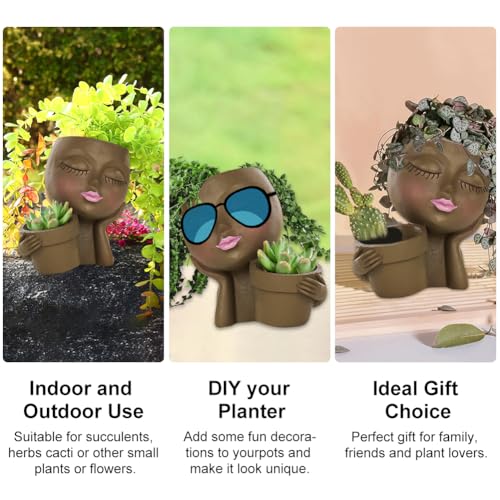 Face Planter Pot, Lady Head Planter with Drainage Holes, Brown | Dual-compartment lady head planter with drainage holes for succulents, cactus, and air plants - color: Brown