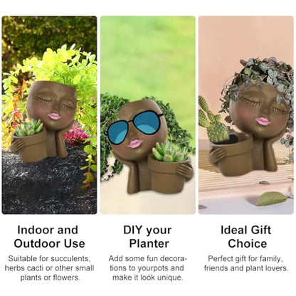 Face Planter Pot, Lady Head Planter with Drainage Holes, Brown | Dual-compartment lady head planter with drainage holes for succulents, cactus, and air plants - color: Brown