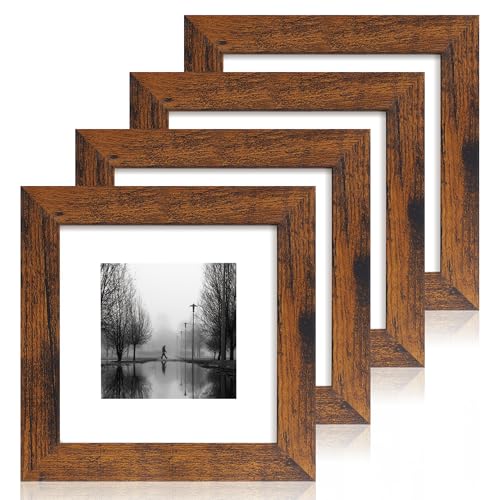 iRahmen 6x6 Picture Frame Set of 4 with Real Glass, Rustic Frames Display 4x4 Picture with Mat or 6 x 6 Without Mat, Square Photo Frame for Wall Mount and Tabletop Display - color: Dark Brown, size: 6X6