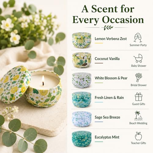 24 Pack Mini Scented Candles for Party Favors, 2.5 oz Soy Wax Tin Candle Gift Set, 6 Fresh Botanical Scents x 4 Each, Small Gifts for Bridal Shower, Baby Shower, Wedding Favors, Teachers - size: Summer 24-Candle Set