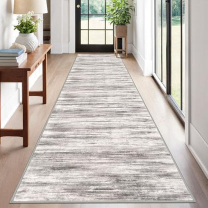 KOZYFLY Modern Abstract Washable Rug Runner 2.6x12 Hallway Rug Runner Non-Slip Soft Kitchen Runner Rugs, Grey/Light Beige/Brown Striped Carpet for Entryway Bathroom - color: Grey/Light Beige/Brown, size: 2'8" x 12' (Runner)