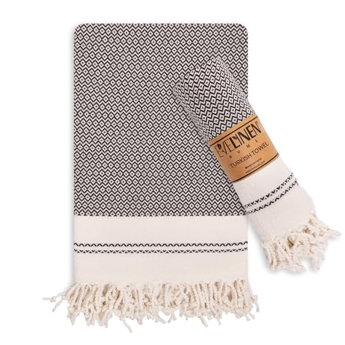 Evelynen Turkish Hand Towels for Bathroom & Kitchen Towels Decorative Set of 2 | Boho Farmhouse Hand Towels with Hanging Loops for Face, Tea, Dish, Kitchen & Bath | (16" x 32" - Black) - color: Black
