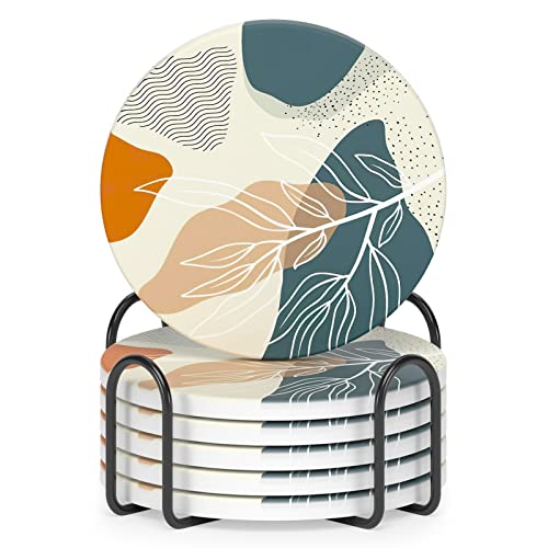 Coasters for Drinks, Set of 6 Cute Absorbent Ceramic Drink Coasters | Set of 6 Absorbent Ceramic Drink Coasters with Holder and Cork Base, Kitchen Home Decor Housewarming Gift, Round 4 in - color: Abstract Boho Leaf