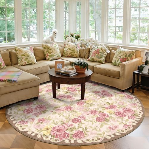 Washable 6ft Round Area Rug, Cream Boho Floral Non-Slip for Living Room | Soft Low-Pile Faux Wool Carpet for Bedroom, Dining Room, Nursery, Bathroom, Kid & Pet Friendly, Stain, Fade & Wear Resistant - color: Dusty Pink, Cream and Sage Green, size: 6' (Rou