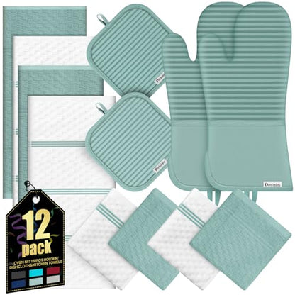 Oven Mitts Kitchen Towels and Dishcloths with Pot Holders Sets, Oven Gloves Hot Pads 500°F Heat Resistant with Silicone Grip, Include 2 Cooking Gloves/2 Potholders/4 Kitchen Towels/4 Dish Towels - color: Mint Green