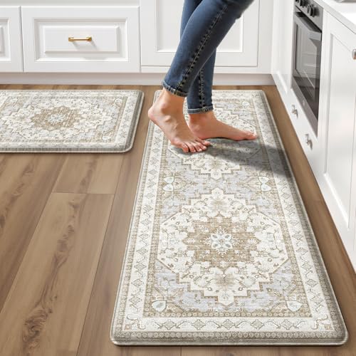 Boho Kitchen Mats for Floor 2 Piece Set Anti Fatigue Cushioned PVC Kitchen Rugs Non Slip Waterproof Farmhouse Mats 2/5 Inch Comfort Standing Mat for Sink, Laundry, 17.3"x59"+17.3"x28", Beige Tan - color: Beige Tan, size: 17.3"x28"+17.3"x59"