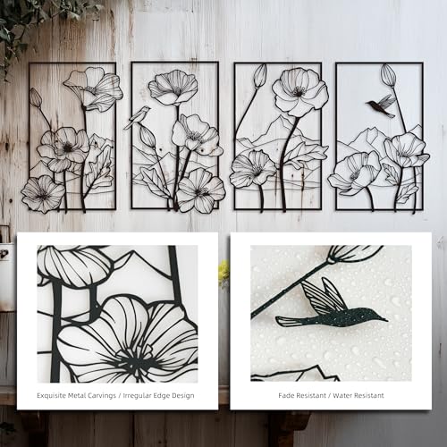 deeinglif Black Metal Wall Art Set of 4, 3D Metal Wall Decor for Living Room Bedroom Bathroom, Abstract Floral Mountain Nature Wall Sculptures, Modern Minimalist Iron Wall Art, 12 x 17 Inch
