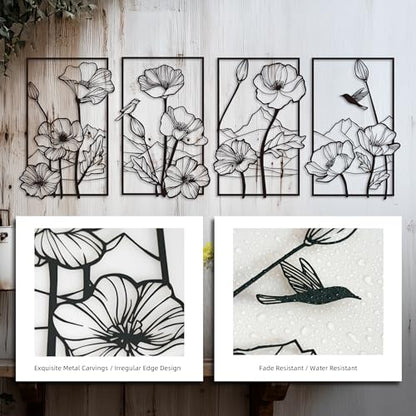 deeinglif Black Metal Wall Art Set of 4, 3D Metal Wall Decor for Living Room Bedroom Bathroom, Abstract Floral Mountain Nature Wall Sculptures, Modern Minimalist Iron Wall Art, 12 x 17 Inch