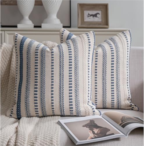 Cethom Blue and Beign Boho Throw Pillow Covers 18x18 Inch Set of 2, Stripe Textured Decorative Couch Pillow Cases for Bed, Sofa, Living Room, Bedroom, Farmhouse Home Accent Cushion Covers - color: Blue, size: 18" x 18" (Pack of 2)