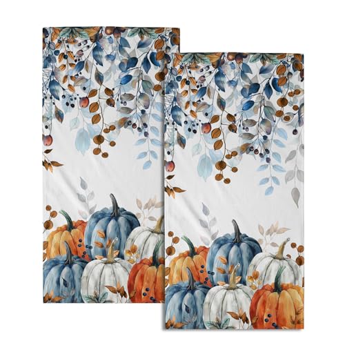 Imiss Fall Pumpkins Hand Towels Set of 2, Autumn Eucalyptus Leaves Navy Blue Orange Decorative Thanksgiving Multipurpose Guest Towels 14.4 x 28.3 Inch for Gym Spa Hotel Kitchen - color: Navy Blue Orange Pumpkin