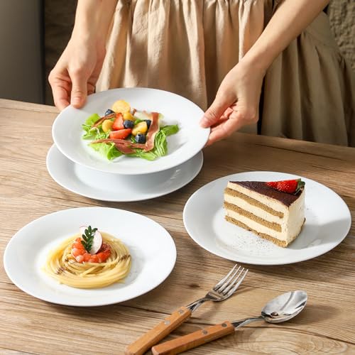 fMBB 4-Piece Salad Plates Set, 8 inch Ceramic Lightweight Round Plate Dessert Dish, Smooth Glaze - White Modern Dinnerware Set for Kitchen Serving - color: Round7.87"