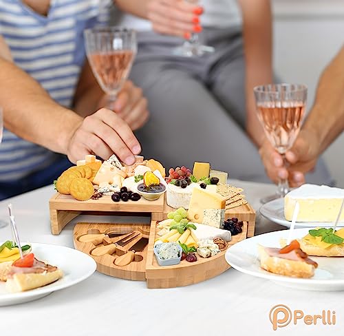 Bamboo Cheese Board & Knife Set, Large Folding 18 Inch Round Wood Rotating Charcuterie Board Set Cheese Meat Wine Serving Tray Platter, Home Decor