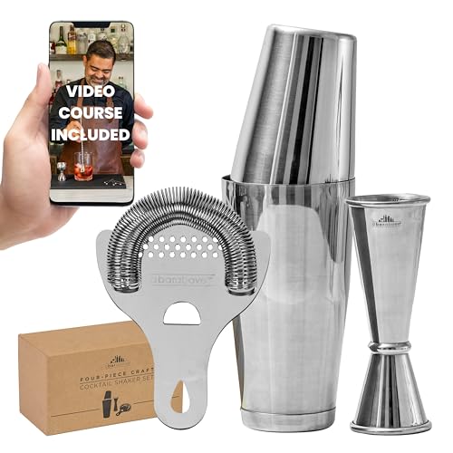 A Bar Above 4-Piece Cocktail Shaker Set, for Professional and Home Bar, Premium Bar Kit Gifts, Includes Strainer, Jigger, Shaker Set, and 4-Hour Cocktail Course - color: Stainless Steel, size: 4-Piece Bar Set & Online Masterclass