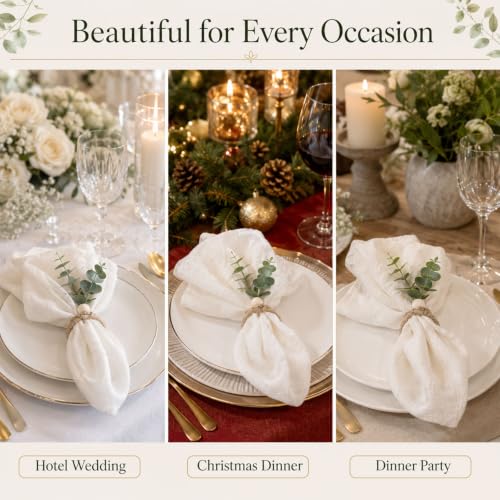 Cloth Napkins and Napkin Rings Set of 6 for Table Decoration | 6PCS White Napkins with 6PCS Boho Green Artificial Leaf Napkin Rings for Wedding Party Dinner Family Gathering Birthday