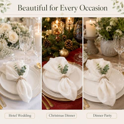 Cloth Napkins and Napkin Rings Set of 6 for Table Decoration | 6PCS White Napkins with 6PCS Boho Green Artificial Leaf Napkin Rings for Wedding Party Dinner Family Gathering Birthday