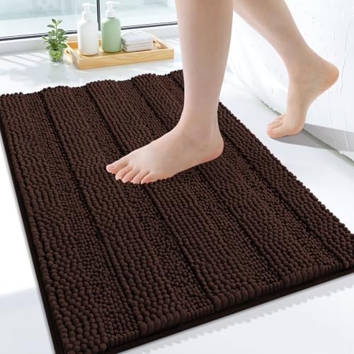 Grandaily Chenille Striped Bathroom Rugs 24x16, Extra Thick and Soft Absorbent Bath Mats, Rubber Backing, Plush Shaggy Shower Carpet, Machine Wash Dry, Bath Rug for Bathroom, Dark Brown - color: Dark Brown, size: 24" X 16"