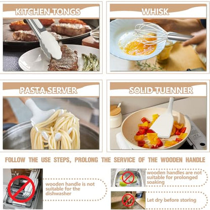 Umite Chef Silicone Kitchen Utensil Set, 34PCS Heat Resistant Kitchen Gadgets and Tools With Grater, Cream White Wood Handles for Nonstick Cookware - color: Cream White