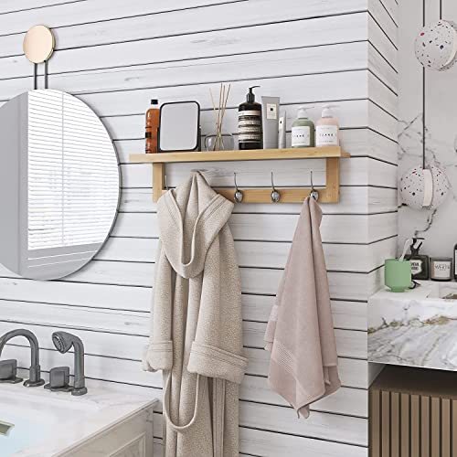 SMIBUY Coat Hooks with Shelf Wall-Mounted, 29.2 Inch Entryway Coat Rack for Wall, Bamboo Hanging Shelf with 5 Double Metal Hooks for Bathroom, Bedroom, Kitchen, Living Room, Mudroom (Natural) - color: Natural