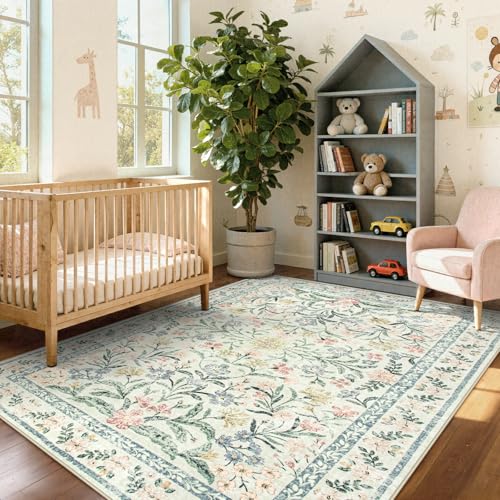 Wonnitar Boho Floral Washable Rugs 5x7, Soft Area Rugs for Bedroom, Ultra-Thin Non Slip Beige Area Carpets, Flower Print Decor Carpet for Living Room Nursery Dining Room Office - color: Beige, size: 5' x 7' (Rectangular)