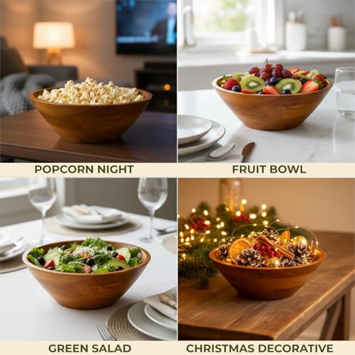 Aurah Salad Bowl, 3.8 Qt Acacia Wood Mixing & Serving Bowl, Medium Size | Kitchen & Outdoor Dining Wooden Bowls for Salad, Pasta and Fruits, 9.7" Diameter x 4.2" Height - size: Medium