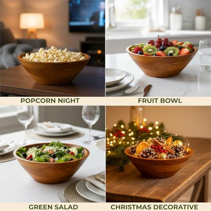 Aurah Salad Bowl, 3.8 Qt Acacia Wood Mixing & Serving Bowl, Medium Size | Kitchen & Outdoor Dining Wooden Bowls for Salad, Pasta and Fruits, 9.7" Diameter x 4.2" Height - size: Medium