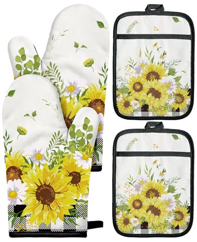 Miss Adola Cotton Oven Mitts and Pot Holders Sets, Sunny Bloom | Heat-resistant up to 350°F, Pure Cotton, Quilted Contact Surface, Stylish Design, with Hanging Loop, Ready to Gift Package - color: Sunny Bloom