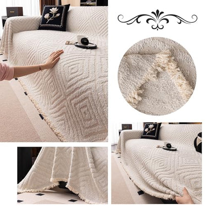 ROOMLIFE Couch Cover 3 Cushion Sofa, Washable Non Slip Furniture Sofa Protector Cover, Soft Chenille Sofa Slipcovers Sectional L Shape Dogs Couch Cover Throw Blanket with Tassels 71''X118'' - color: Hg01#beige, size: Large（71*118IN）