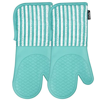 Alselo Silicone Oven Mitts Heat Resistant 932℉ with Waterproof & Non-Slip | Kitchen Mittens Set of 2,Extra Long 7.5"x15" Oven Gloves with Soft Cotton Terry Lining for Baking Cooking BBQ(Green,2) - color: Green