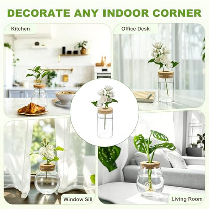 M METERXITY 1 Pack Glass Planter Terrarium with Wooden Cover, Desktop Plant Propagation Station Clear Vase for Hydroponic Plants Propagation/Home Garden Decor/Plant Lover [3.35'' x 5.91''] - size: 3.35'' x 5.91''