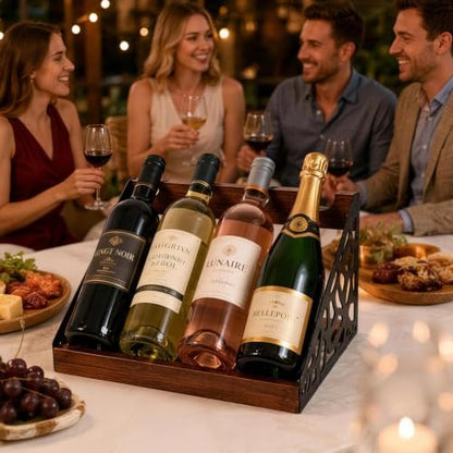 Countertop Wine Rack Display, Wine Bottle Holder, Wood Metal Combination Wine Storage Stand, Hollow Cutout Side Frame Tabletop Wine Organizer Holds 4 Bottles for Kitchen Bar Cabinet