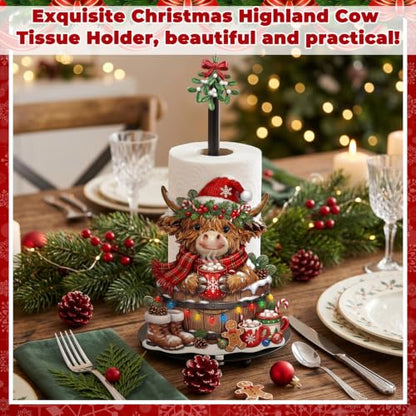 Highland Cow Christmas Paper Towel Holder with Round Base Christmas Bathroom Decor Rustic Highland Cow Dispenser Kitchen Paper Holder Stand for Countertop Toilet Home Accessories - style: Cocoa Christmas