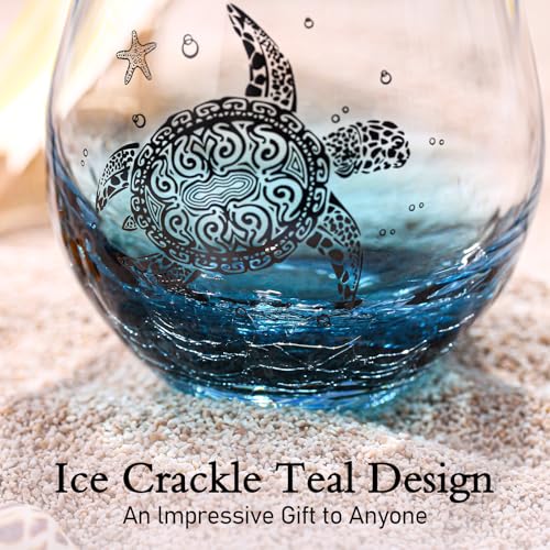 Physkoa Sea Turtle Gifts for Women-13.5oz Sea Turtle Wine Glasses set of 2 - Crackle teal design turtle wine glasses-Hand blown Stemless Wine Glass - turtle lovers Gifts for Birthday，Mothers Day - color: Bluck（2 Count）