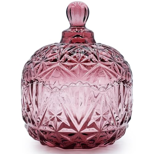 Crystal Glass Candy Snack Barrel Storage Jar Embossed Luxury Cookie Buffet Canister With Lids Jewelry Box Jar Biscuit Containers（Crown-Purplish-Red） - color: Crown-Purplish-Red