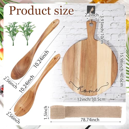 Patelai Cutting Board Gift Housewarming Cutting Board with Spoon Fork and Ribbon Charcuterie Boards Wooden Serving Tray for Cheese Fruit Bread Salad Vegetables Snack Dessert - style: round