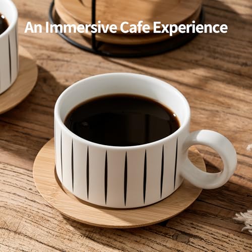 LUKA 6 Ounce Porcelain Stackable Espresso Cups with Saucers and Metal Stand Set of 4, Ceramic Cappuccino Cups Set for Specialty Coffee Drinks, Latte, Cafe Mocha and Tea, Stripes, White - color: Stripes