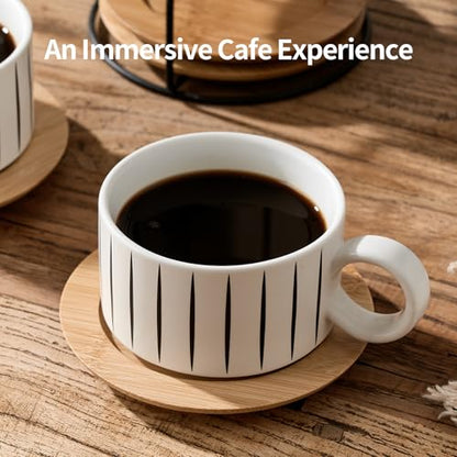 LUKA 6 Ounce Porcelain Stackable Espresso Cups with Saucers and Metal Stand Set of 4, Ceramic Cappuccino Cups Set for Specialty Coffee Drinks, Latte, Cafe Mocha and Tea, Stripes, White - color: Stripes