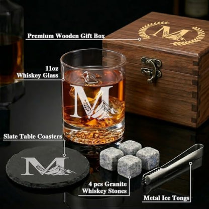Personalized Whiskey Glass Gift Set for Men – Monogrammed Initial Rocks Glass with Slate Coaster, Wooden Box & Whiskey Stones, Birthday Father's Day for Him Dad Husband (M) - style: M