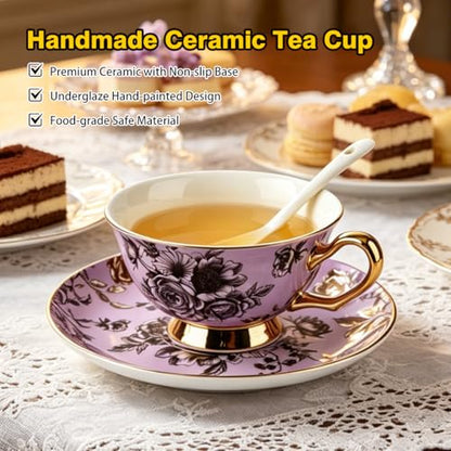 Bone China Tea Cup and Saucer Set for 1 with Spoon, Floral, 6.76 oz - color: purple01
