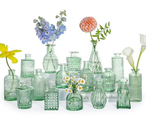 SUPMIND Glass Bud Vase Set, 16pcs Green Small Flower Vases for Centerpieces | Cute Mini Vintage Vases in Bulk for Table Centerpieces, Wedding, Home, Party Decoration - color: Green