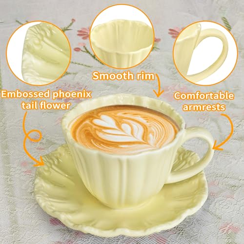 8oz Tea Cups and Saucers, Ceramic Latte Cup,Relief Cappuccino Cup and Saucer Set, Elegant Porcelain Tea Cups, Espresso Cup Set Dishwasher & Microwave Safe,Yellow - color: Yellow