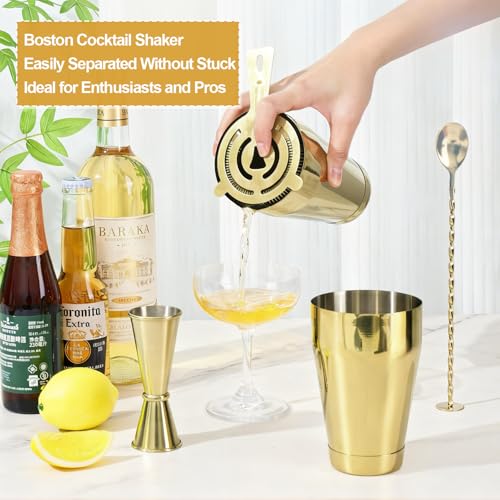 Mwellewm Cocktail Shaker Boston Shaker Set 15 Pcs Professional Bartender Kit Bar Shaker Stainless Steel Drink Shaker Bartending Beginner Martini Shaker Tin Mixed Alcohol Shaker Tool(Gold) - color: Gold