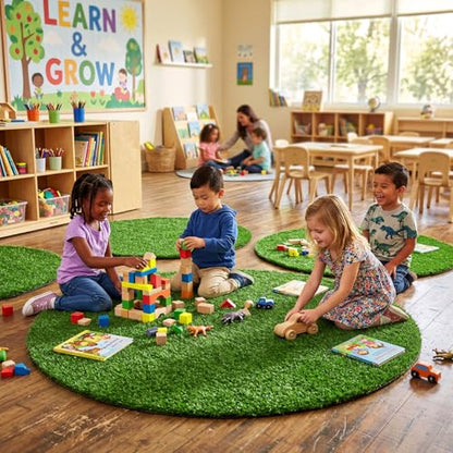 2 Pack Artificial Grass Mats for Class Back to School Round Classroom Rug | 39 Inch Floor Cushions, First Day of School Educational Mat, Non Slip Back to School Learning Playing Areas
