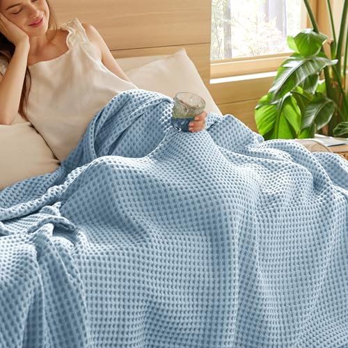Bedsure Lightweight 100% Cotton Waffle Blanket, Throw XL, Celestial Blue | Summer, Breathable, Soft, Comfort, Light, Thin, Textured, Bed, Couch, Sofa, Chair, 50"x70", Sheet Blanket, Cozy Gifts - color: Celestial Blue, size: Throw Xl (50" X 70")