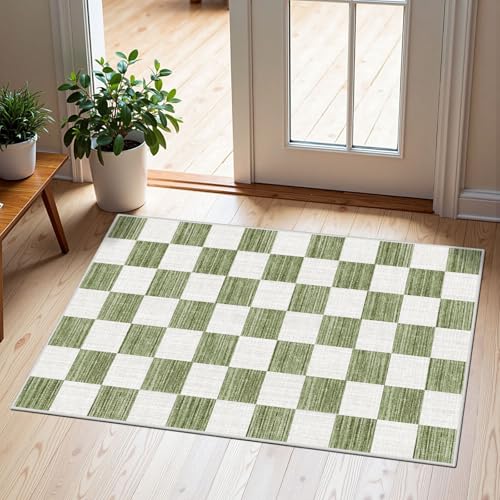 Front Door Mat Outside Entrance 2x3 Green White Checkered Rug | Non-Slip Washable Doormat Indoor Outdoor Mat Modern Entry Rug Small Layered Area Rug for Entryway Kitchen Front Porch Decor - color: Checkered - Green / White, size: 2' x 3' (Rectangular)