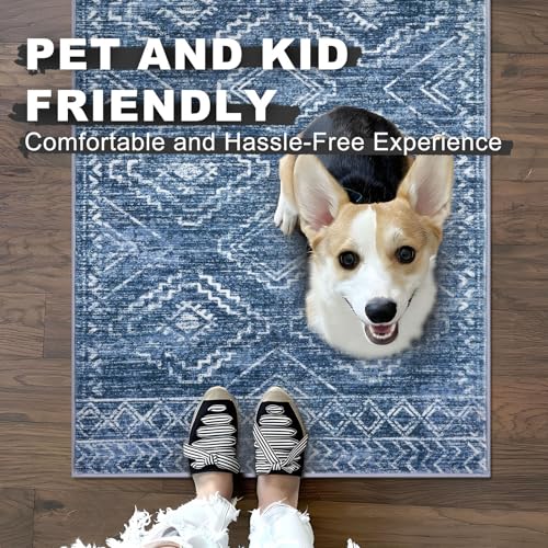 KILOCOCO Washable Runner Rug 2x7 ft Hallway Runners, Stonewashed Blue | Low-Pile Entryway Runners, Rubber Backed Runner Rug, Printed Kitchen Runner Rug, Soft Geometric Rugs for Hall Living Room - color: Stonewashed Blue, size: 2' x 7' (Runner)