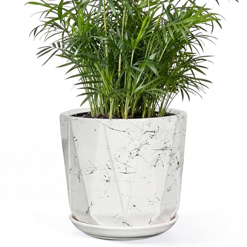 7.8 Inch Ceramic Plant Pot with Drainage Hole Mesh Net, Large Flower Pots for Indoor Plants with Saucer, Gardening Pots Outdoor - color: White Flying Silk, size: 7.8 Inch